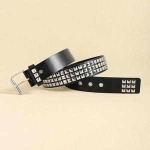 Black punk style belt with three rows of silver pyramid studs and classic metal buckle