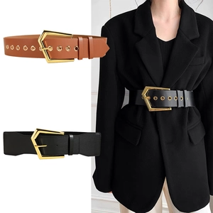 Women Wide Corset Belt Fashion PU Leather Elastic Waistband Geometric Alloy Buckle Decorative Belt For Suit Coat Dress