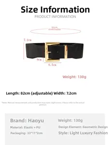 Tableau des tailles détaillé pour large ceinture élastique noire à boucle dorée