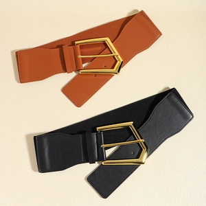 Elastic wide corset belt for women with large geometric gold buckle in black and brown