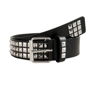 Punk style black belt with triple rows of silver square rivets and classic pin buckle