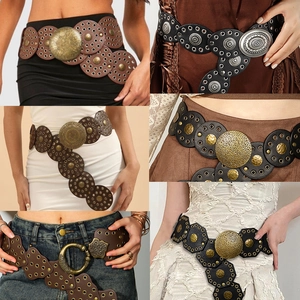 Bohemian Vintage Western Wide Belt For Women Carved Metal Buckle Hollow Out PU Leather Waist Chain Corset For Party Dress
