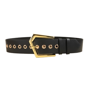 Women's wide elastic PU belt with gold geometric buckle and metal eyelets on black leather