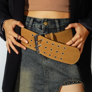 Ceinture Large en Cuir PU pour Femmes Avec Trois Rangs d'Oeillets Métalliques Punk Vintage Serre-Taille Décorative pour Manteau Mode