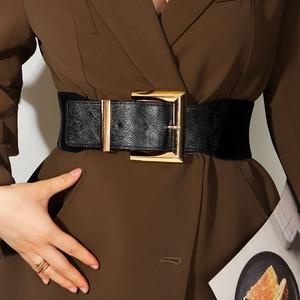Ceinture Élastique Large pour Femme en Similicuir Serre-Taille Avec Grande Boucle Carrée Dorée pour Robe Manteau Mode