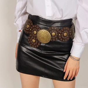 Vintage Y2K wide brown leather belt with brass embossed disks and decorative metal eyelets