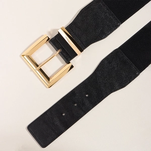 Ceinture élastique noire pour femme avec grande boucle dorée rectangulaire et cuir