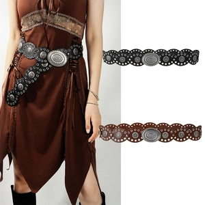 Ceinture bohème vintage pour femme avec plaques métalliques gravées en noir et marron