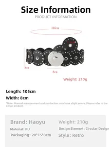 Detailed technical drawing of a vintage PU waist belt with round铆钉 patches and eyelets