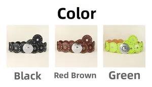 Detail view of retro Western PU leather belts with metal discs and rivet eyelets in three colors