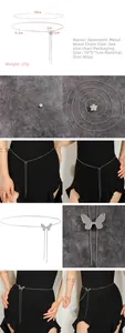 Détail de la chaîne de taille en métal argenté avec pendentifs papillon et fleur et dimensions