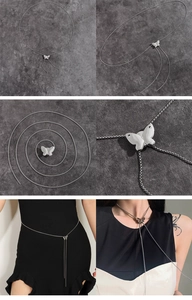 Vues détaillées d'une chaîne papillon argentée polyvalente, collier ou ceinture fine