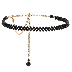 Chaîne de taille élégante à double rang de perles noires avec maillons dorés et gland