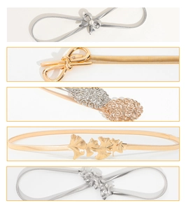Détails de ceintures extensibles avec boucles de feuilles, nœuds en or et argent