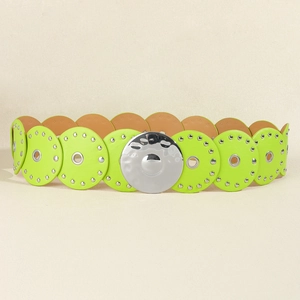 Detail of neon green PU leather disc belt with silver rivets and metal buckle