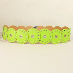 Detailed macro view of fluorescent green PU leather belt with silver rivets and metal eyelets
