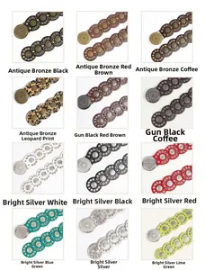 Detailed grid showing 12 colors of retro bohemian studded belts with ornate metal buckles
