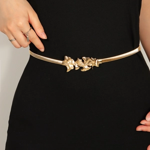 Ceinture dorée élastique pour femme avec boucle en forme de feuilles de ginkgo