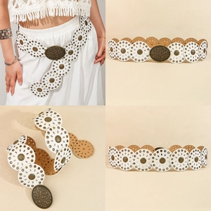 Details eines Boho-Taillengürtels mit geschnitzter Metallschnalle und Lederscheiben