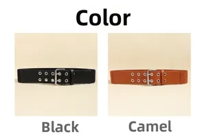 Detail view of black and camel elastic wide belts with silver double-hole buckles