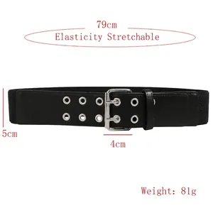 Elastic black waist belt with double prong buckle and eyelets, length 79cm, width 5cm