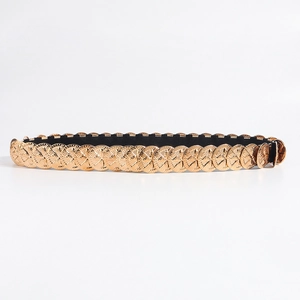 Elastic vintage waist belt with round gold textured metal scales and black stretch band