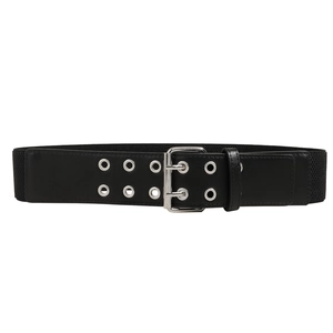 Black faux leather waist belt featuring double-row silver eyelets and a twin-prong metal buckle