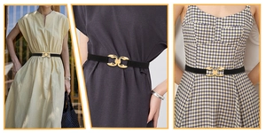 Detail showing a slim black elastic belt with a golden double ring buckle on various dresses