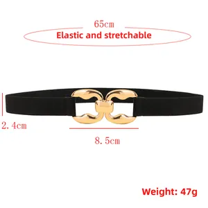 Detail of black elastic belt with golden double-ring metal buckle showing 2.4cm width