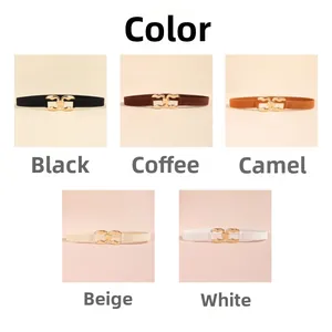 Detail view of elastic waist belts for women in black, brown, camel, beige and white colors