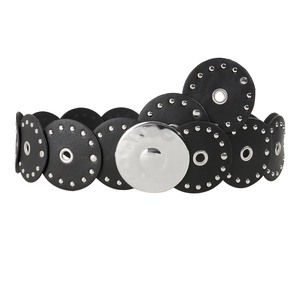 Western punk PU leather belt featuring silver metal rivets and large central disc