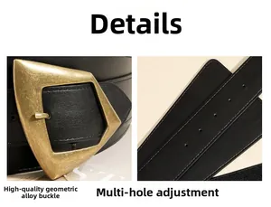 Detail of vintage geometric bronze buckle and adjustable strap holes on black belt