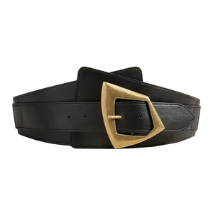 Women's black elastic wide waist belt with vintage gold geometric buckle for coats