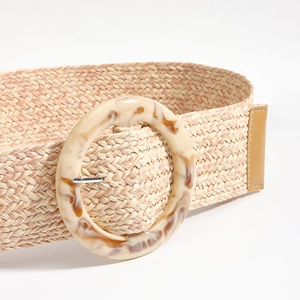 Ceinture Tissée Large Bohème pour Femmes Boucle Ronde en Résine Texture Marbre Sangle de Taille Look Paille pour Robes Chemise