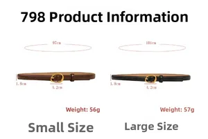 Size chart showing width and length specifications for slim leather belts with gold buckles