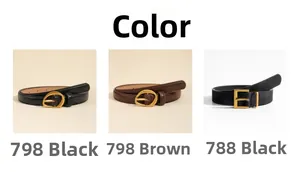 Slim leather belts for women with round and square alloy buckles in black and coffee