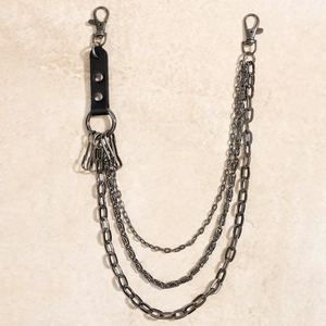 High-quality three-layer punk metal pant chain with black leather strap and clasps