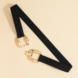Women's black elastic waist belt with a sleek gold-tone geometric metal buckle closure
