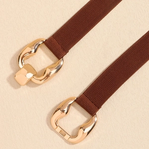 Women's elastic brown waist belt with minimalist irregular golden metal geometric buckle