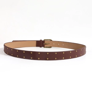 Detail of vintage brown leather belt with double rows of gold studs and metal buckle