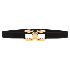 Women's black elastic waist belt featuring a polished gold geometric interlocking buckle