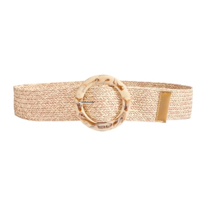 Ceinture large tressée en paille beige pour femme avec boucle ronde en résine écaille