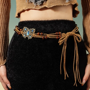 Corde de Taille Tissée à la Main Bohème pour Femmes Vintage Papillon Perle de Bois Ceinture Ethnique Chaîne Ajustable Bijoux