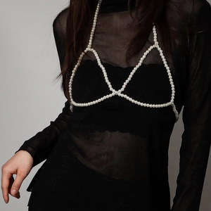 Elegante Catena per il Corpo in Perle Artificiali da Donna Sexy Halter Cross Chest Chain Con Fiocco Bianco Gioielli da Spiaggia