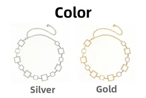 Detail view of gold and silver square link waist chains with lobster clasps and pendants