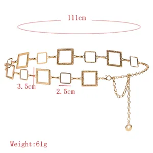 Golden square link chain belt for dresses with minimalist polished metal buckle 111cm