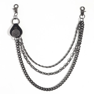 Multi-layer punk rock trouser chain in gun black metal with vintage leather detail