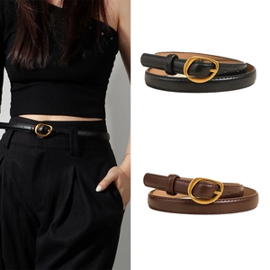 Women Minimalist PU Leather Thin Belt With Gold Alloy Buckle Versatile Elegant Waist Strap For Dresses Lady Office Belt