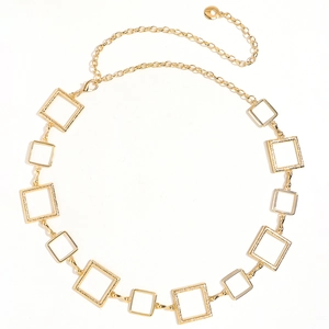Detail of gold square link metal waist chain with lobster clasp and adjustable extender