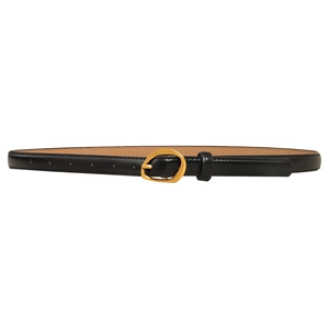 Minimalist black slim belt for women featuring a stylish irregular gold metal buckle
